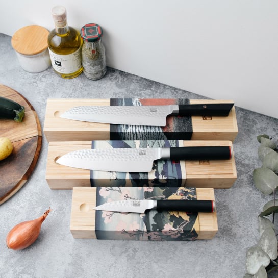 Couteaux japonais Kotai – Santoku, Kiritsuke, office – Lames en acier inox ultra-tranchantes, manche bois