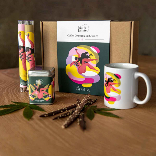 Coffret découverte du chanvre Marie Janine – Coffret bien-être au CBD avec thé vert bio, mug sérigraphié et chocolats aux graine