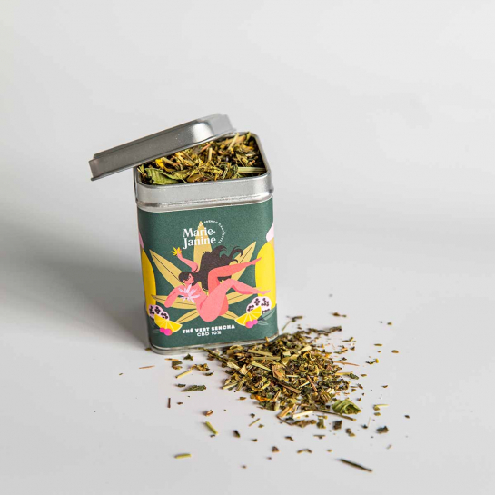 Coffret découverte du chanvre Marie Janine – Coffret bien-être au CBD avec thé vert bio, mug sérigraphié et chocolats aux graine