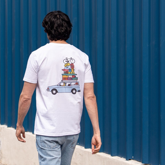 T-shirt imprimé Le Départ FE RE – T-shirt coton bio imprimé en France, design estival voyageurs et aventuriers