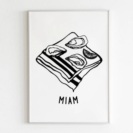 Affiche MIAM et GLOU FE RE – Art culinaire: Huîtres, Pâté en Croûte & Vin, Illustration Minimaliste Noir et Blanc