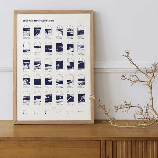 Affiche spots de surf mythiques Affiches & chips – 35 lieux légendaires, papier recyclé, format 50 x 70 cm