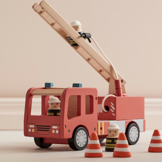 Camion de Pompiers en Bois Kids Concept - Jouet Éducatif | Échelle Pivotante, Cônes & Accessoires Inclus