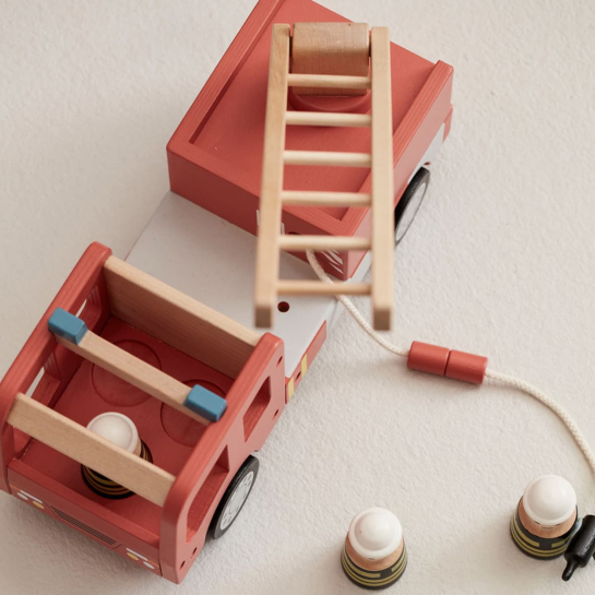 Camion de Pompiers en Bois Kids Concept - Jouet Éducatif | Échelle Pivotante, Cônes & Accessoires Inclus