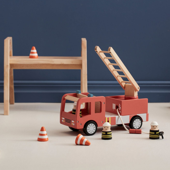 Camion de Pompiers en Bois Kids Concept - Jouet Éducatif | Échelle Pivotante, Cônes & Accessoires Inclus