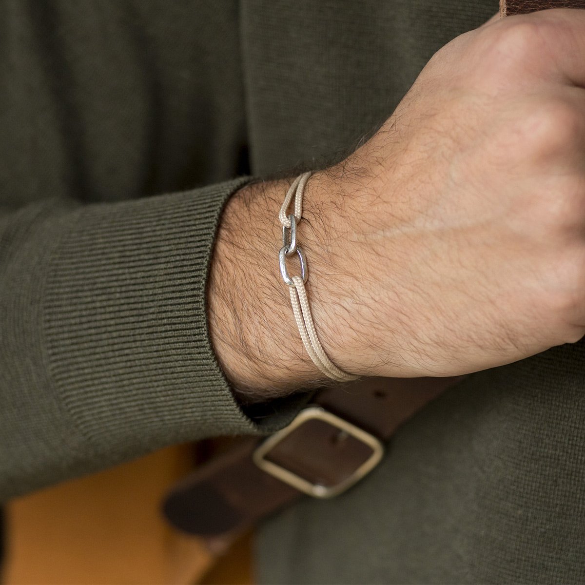 Bracelet maillon homme et femme - Double mailles martelées - Bijou homme laiton brut ou argenté