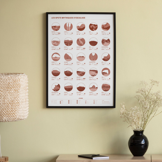 Affiche spots mythiques d'escalade Affiches & chips – 35 sites légendaires, design audacieux, imprimée en Belgique sur papier re