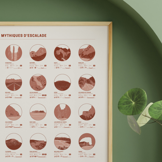 Affiche spots mythiques d'escalade Affiches & chips – 35 sites légendaires, design audacieux, imprimée en Belgique sur papier re