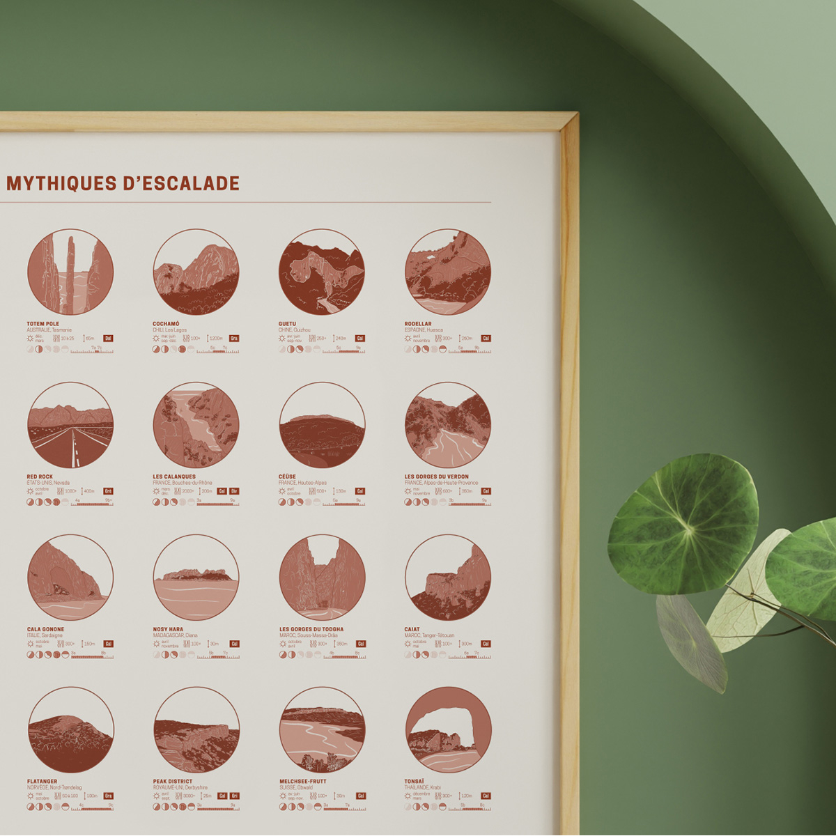 Affiche spots mythiques d'escalade Affiches & chips – 35 sites légendaires, design audacieux, imprimée en Belgique sur papier re