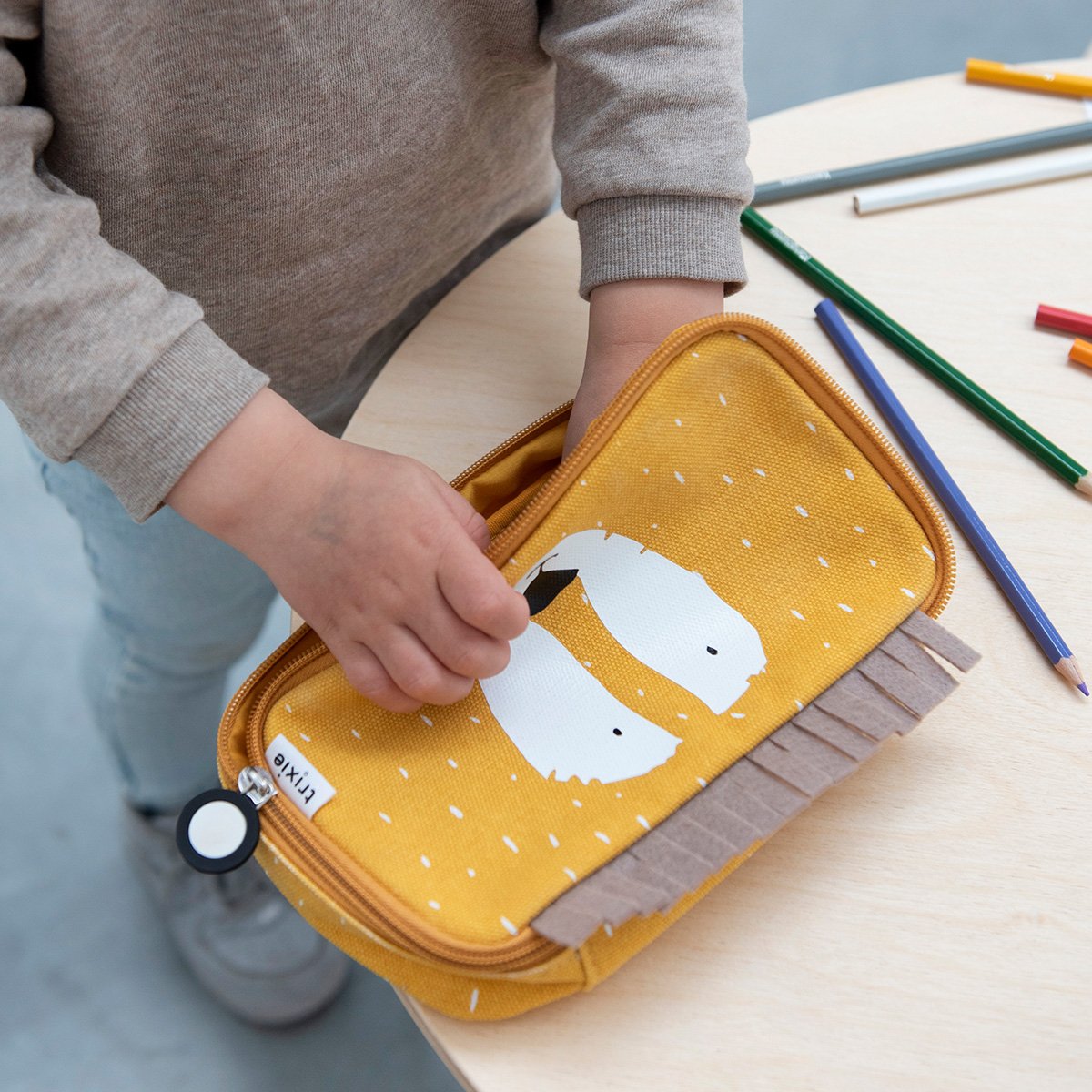 Trousse d'École Rectangulaire Trixie – Grand Format en Coton Bio, Fermeture Éclair, Design Animalier Ludique pour Cartable