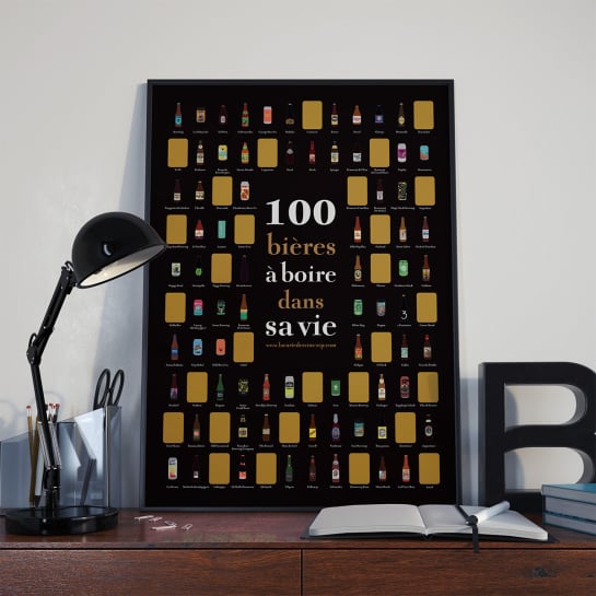Affiche à gratter 100 bières – Poster des meilleures bières du monde, imprimé en France, défi dégustation