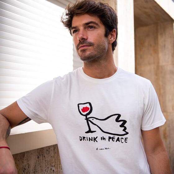 T-shirt Drink in Peace Blanc Bask in the sun – Coton Bio GOTS, Design Colombe & Verre de Vin, Look Détente Made in Portugal