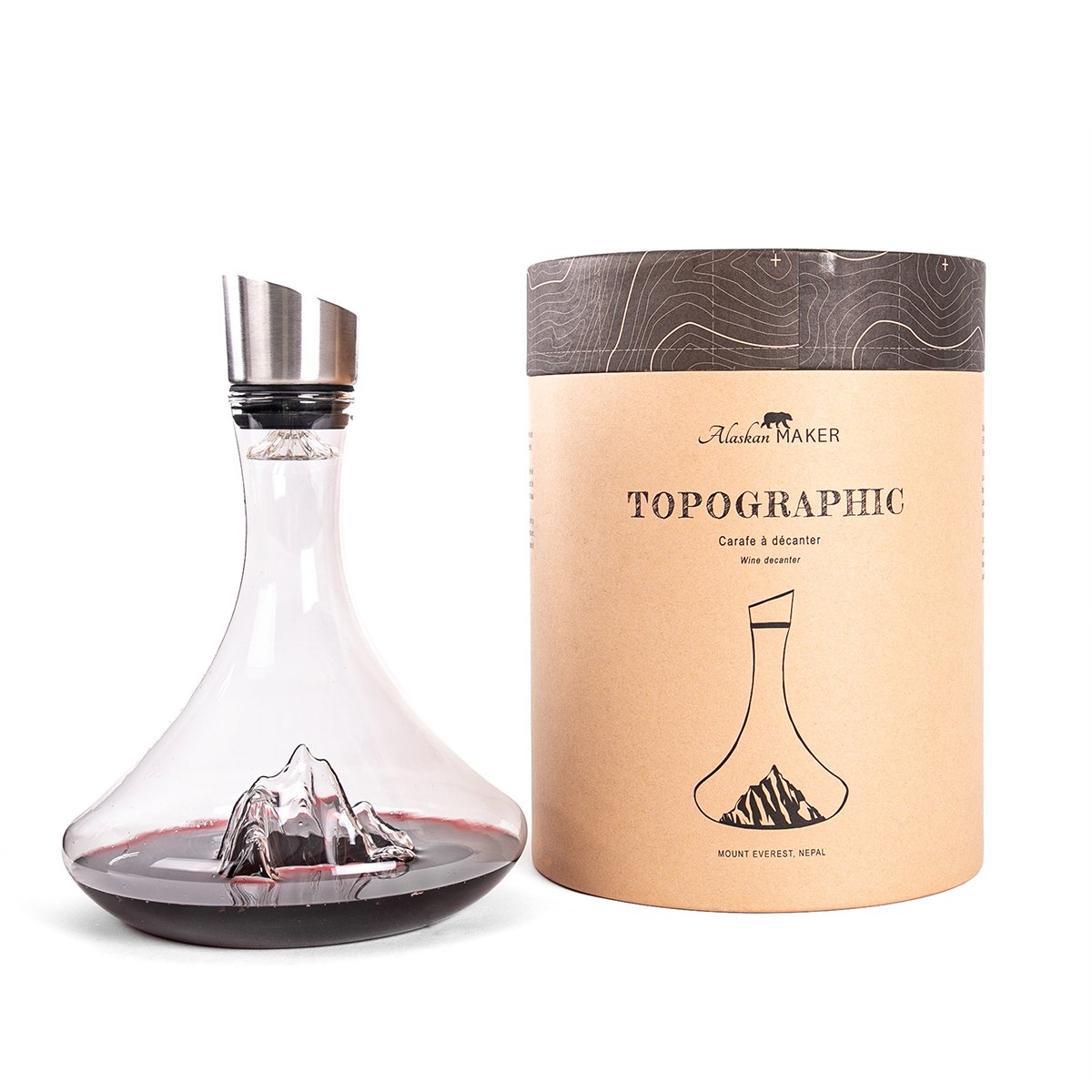 Carafe à décanter Topographic Everest Montagne - Alaskan Maker - Soufflée à la main - Verre cristallin robuste - Bouchon filtre,