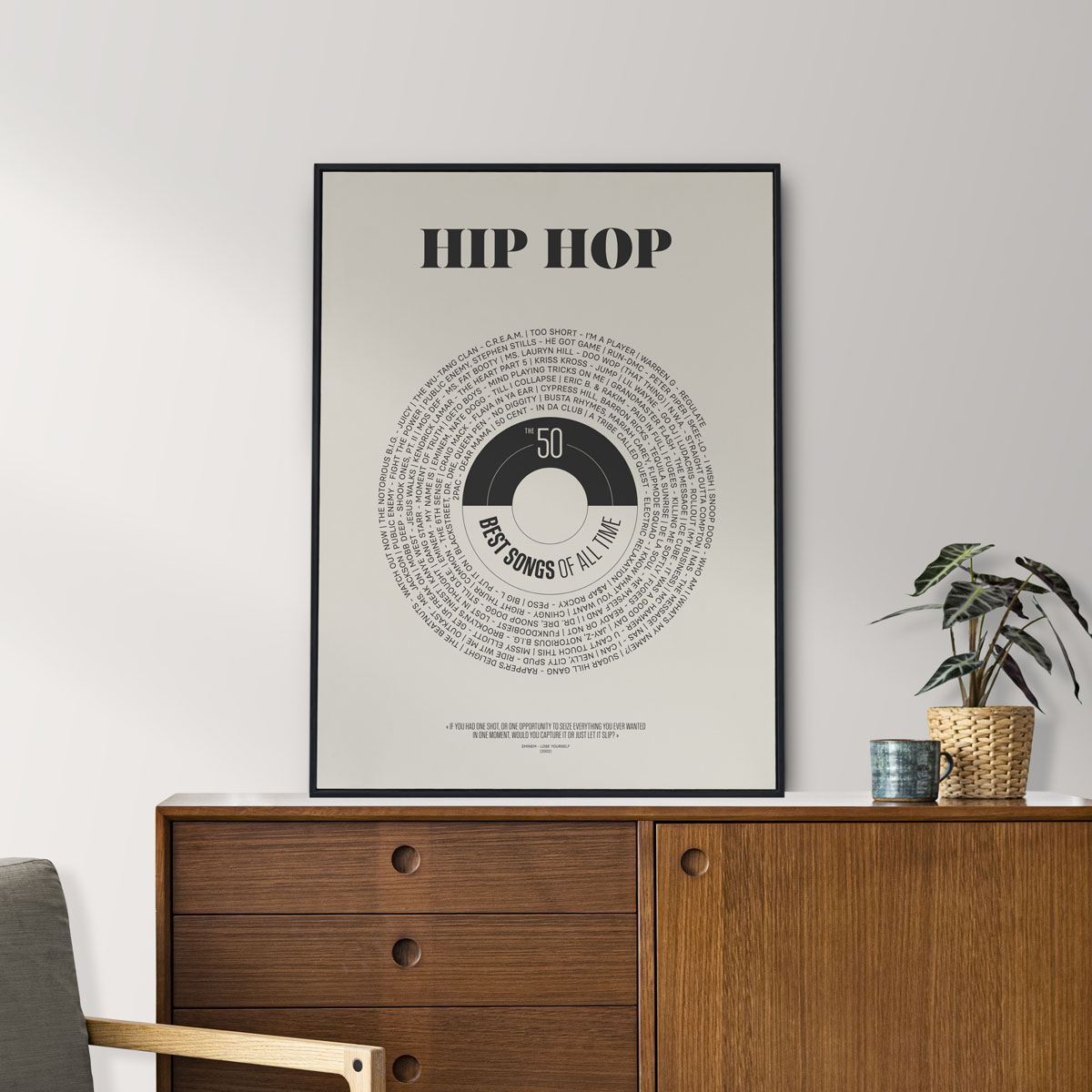 Affiche 'La playlist parfaite - Hip Hop' Affiches & chips – Top 50 titres, design audacieux, imprimée à Paris sur papier semi-re