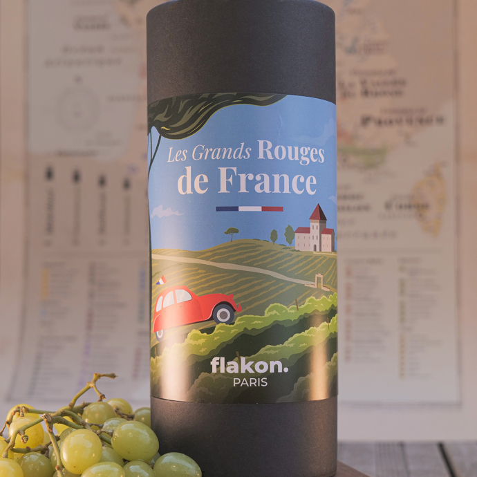 Coffret Dégustation de 4 Rouges Iconiques Flakon – Vins français, Saint-Émilion, Bordeaux, Bourgogne, Rhône