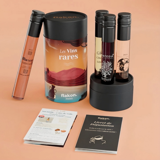 Coffret dégustation de 4 vins insolites – Flakon, flacons 100 ml de vins rares (muté, glace, orange, rouge) pour expérience œnol