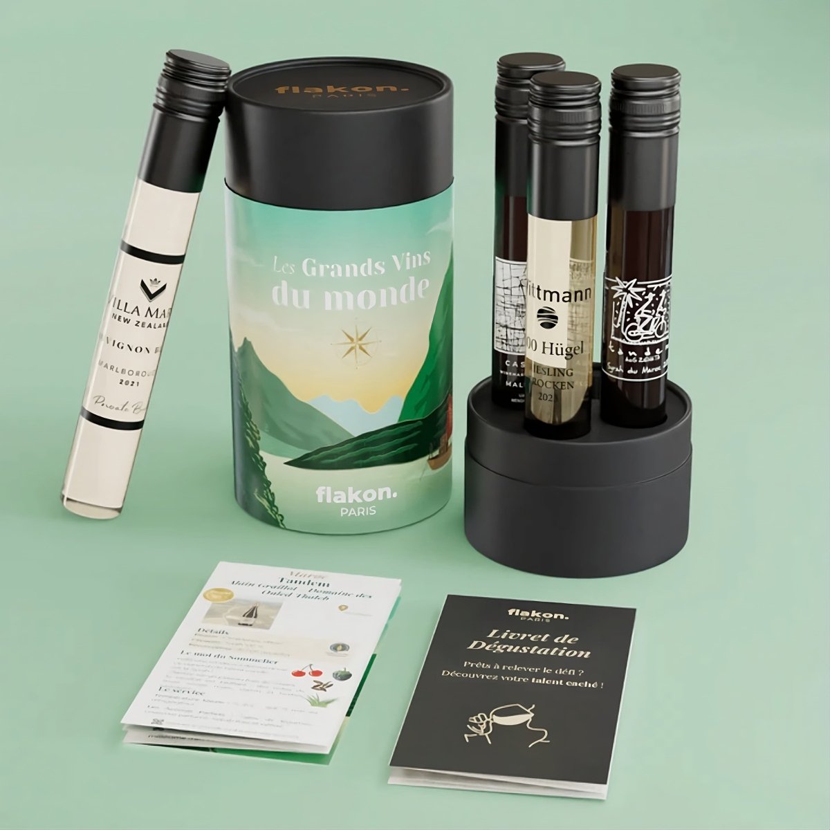 Coffret grands vins du monde Flakon – 4 flacons 100ml – Dégustation immersive avec vidéos & fiches expertes