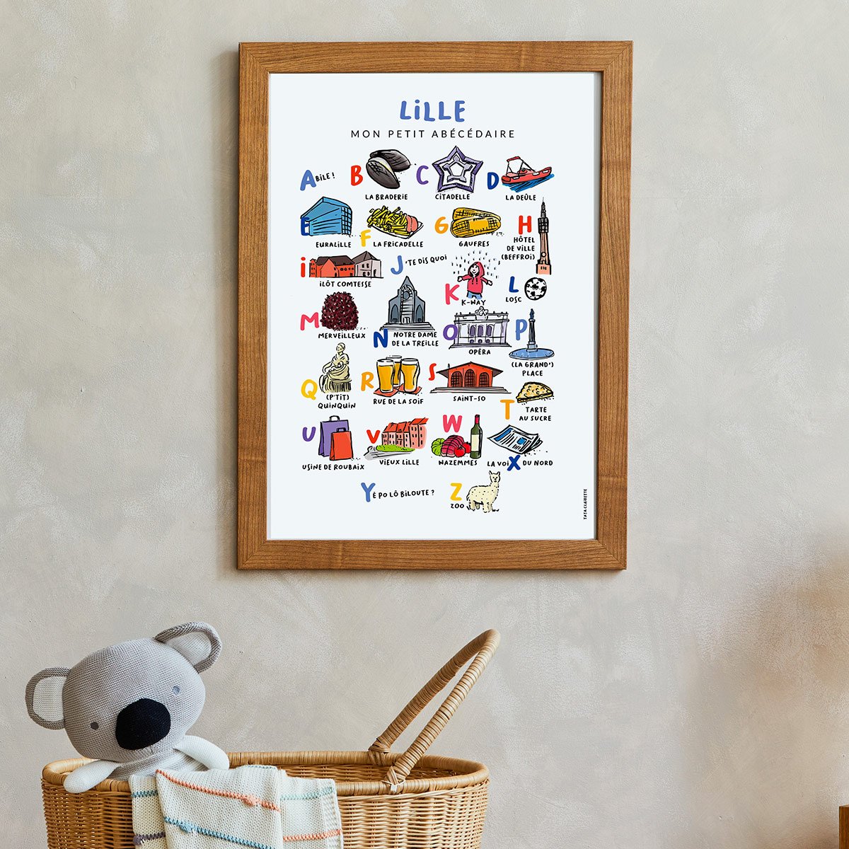 Affiche abécédaire villes et régions Tata Clairette – Affiche éducative illustrée à la main, format A6, fabriquée à Nice, France