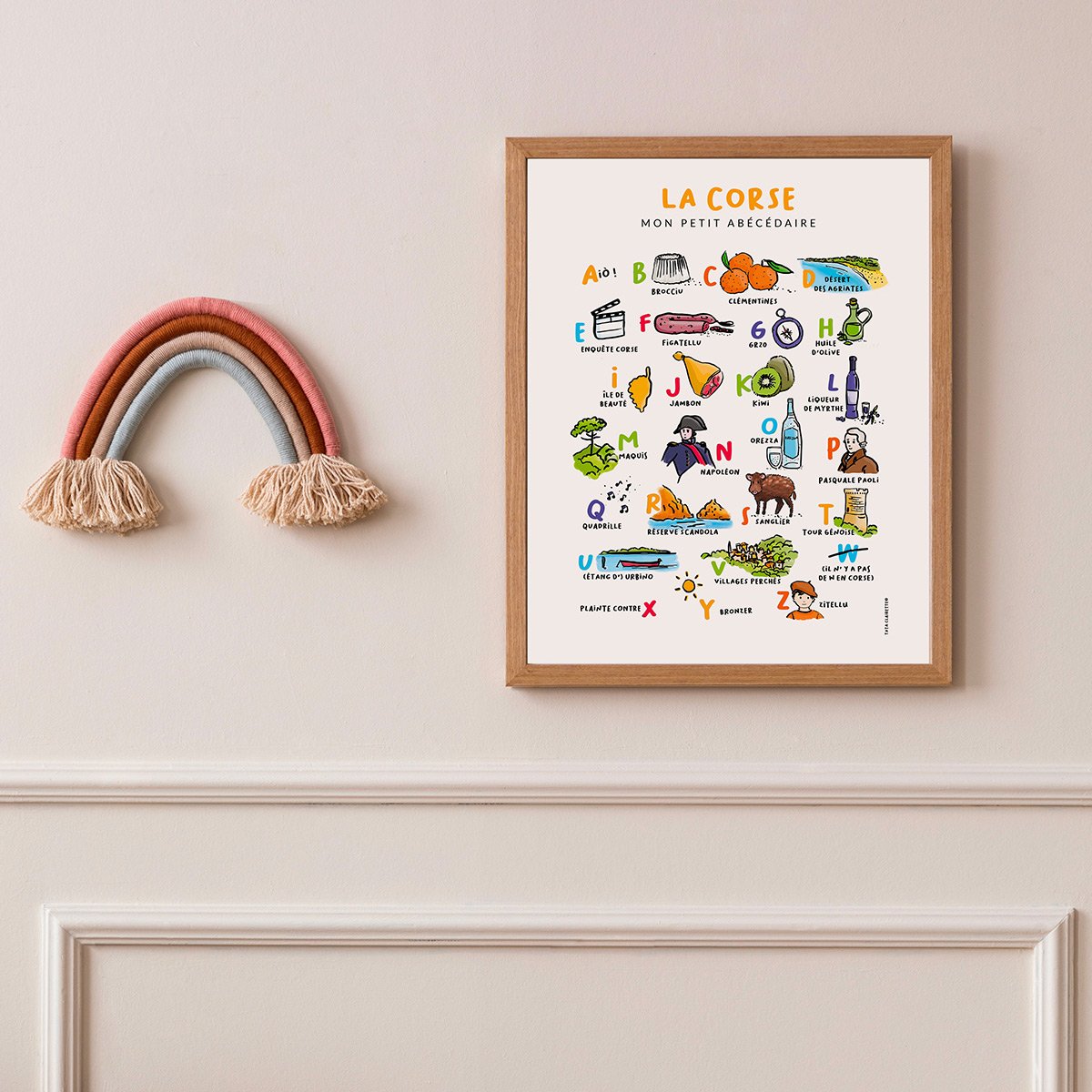 Affiche abécédaire villes et régions Tata Clairette – Affiche éducative illustrée à la main, format A6, fabriquée à Nice, France