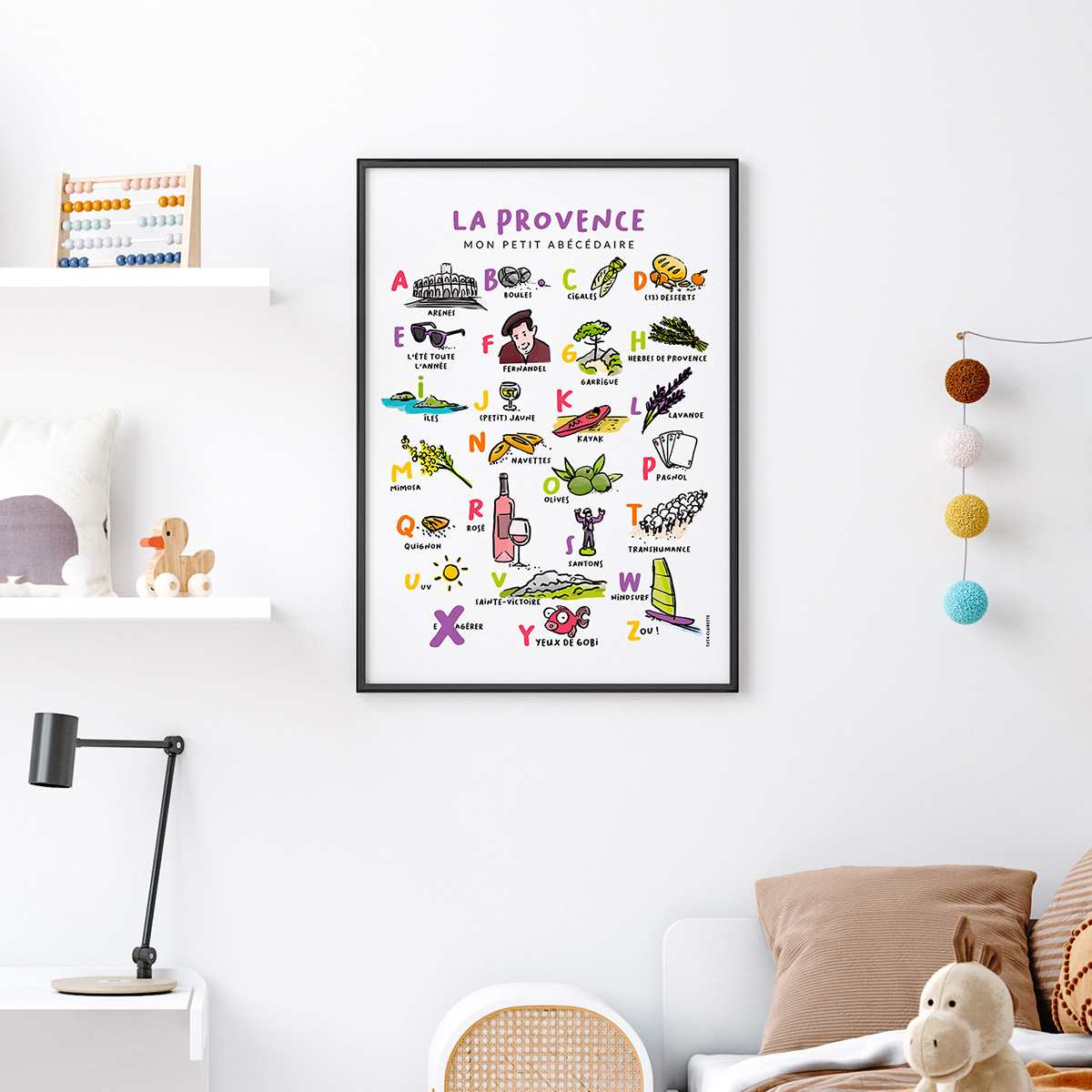 Affiche abécédaire villes et régions Tata Clairette – Affiche éducative illustrée à la main, format A6, fabriquée à Nice, France