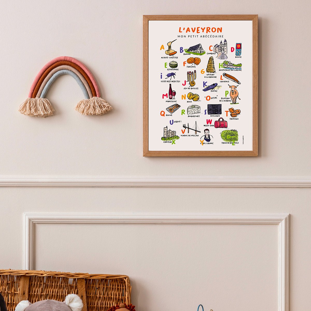 Affiche abécédaire villes et régions Tata Clairette – Affiche éducative illustrée à la main, format A6, fabriquée à Nice, France