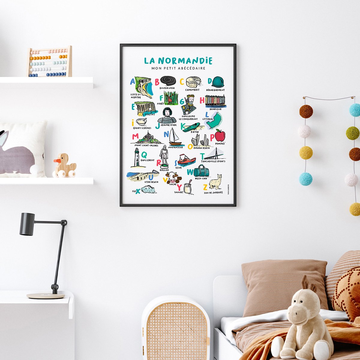 Affiche abécédaire villes et régions Tata Clairette – Affiche éducative illustrée à la main, format A6, fabriquée à Nice, France