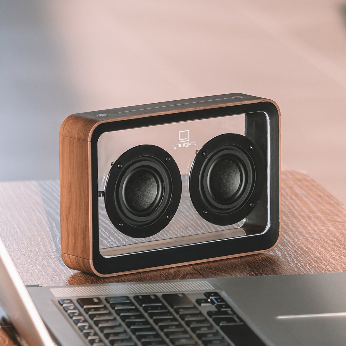 Enceinte Bluetooth transparente - Son stéréo TWS - Éclairage LED ajustable - Finition bois noyer - Gingko Design