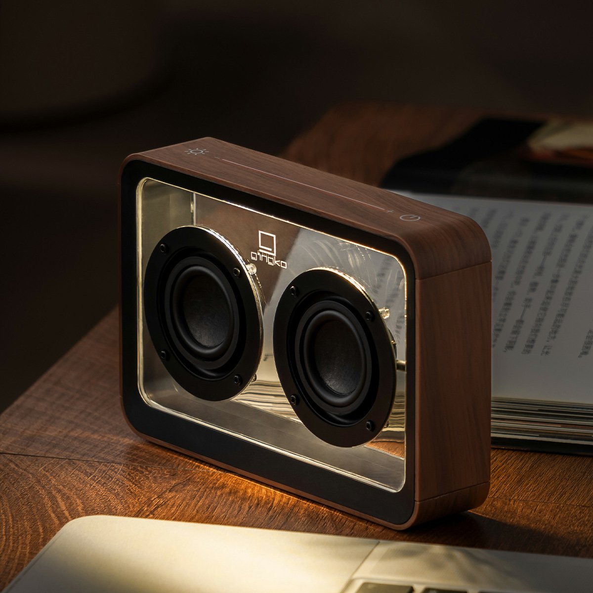 Enceinte Bluetooth transparente - Son stéréo TWS - Éclairage LED ajustable - Finition bois noyer - Gingko Design