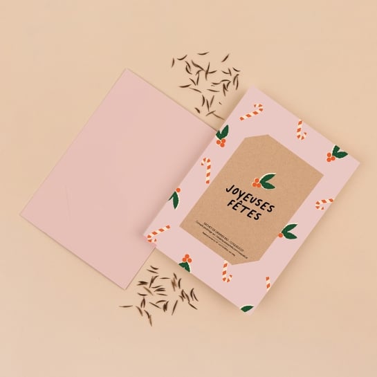Carte de voeux 'Joyeuses Fêtes' La fabrique à sachets – Carte à planter avec sachet de graines, illustration festive et unique