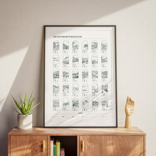 Affiche stations de ski mythiques Affiches & chips – 35 destinations légendaires, papier recyclé, 50x70 cm