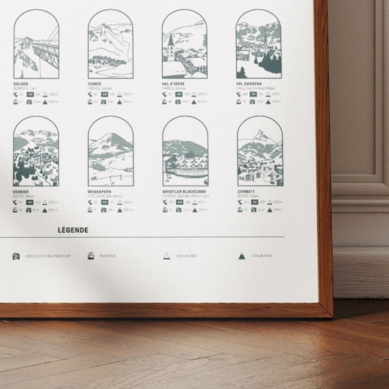 Affiche stations de ski mythiques Affiches & chips – 35 destinations légendaires, papier recyclé, 50x70 cm
