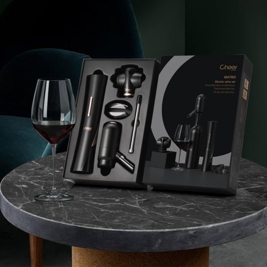 Coffret accessoires à vin électriques – Cheer Moda, tire-bouchon, aérateur, pompe et coupe-capsule design primé pour vin