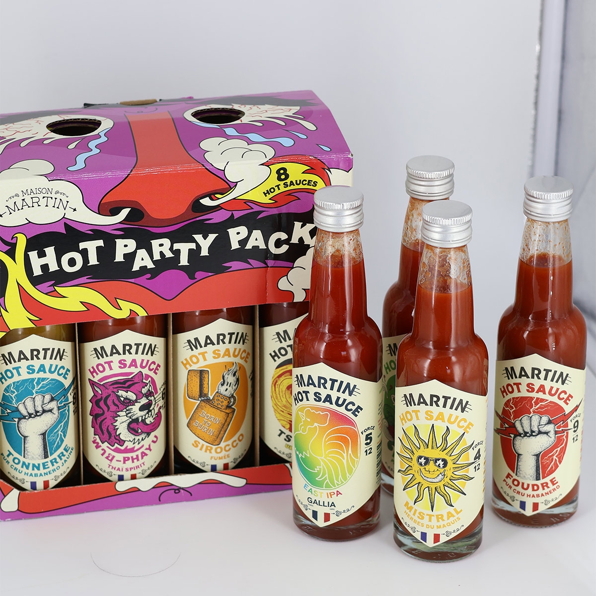 Coffret 8 sauces piquantes - Sauce Martin Maison - Hot sauce - Sauce piment Scoville - Hot ones - Crazy bastard - Fabriqué en Fr