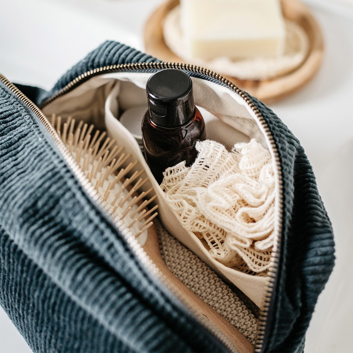 Trousse de toilette en velours côtelé - Épilogue - Trousse unisexe avec anse - Grand format pratique - Doublure en coton