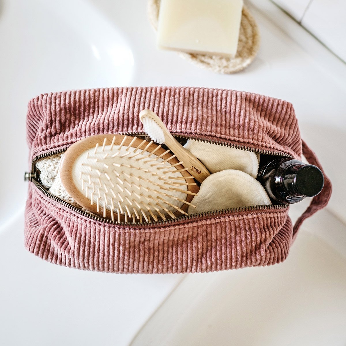 Trousse de toilette en velours côtelé - Épilogue - Trousse unisexe avec anse - Grand format pratique - Doublure en coton