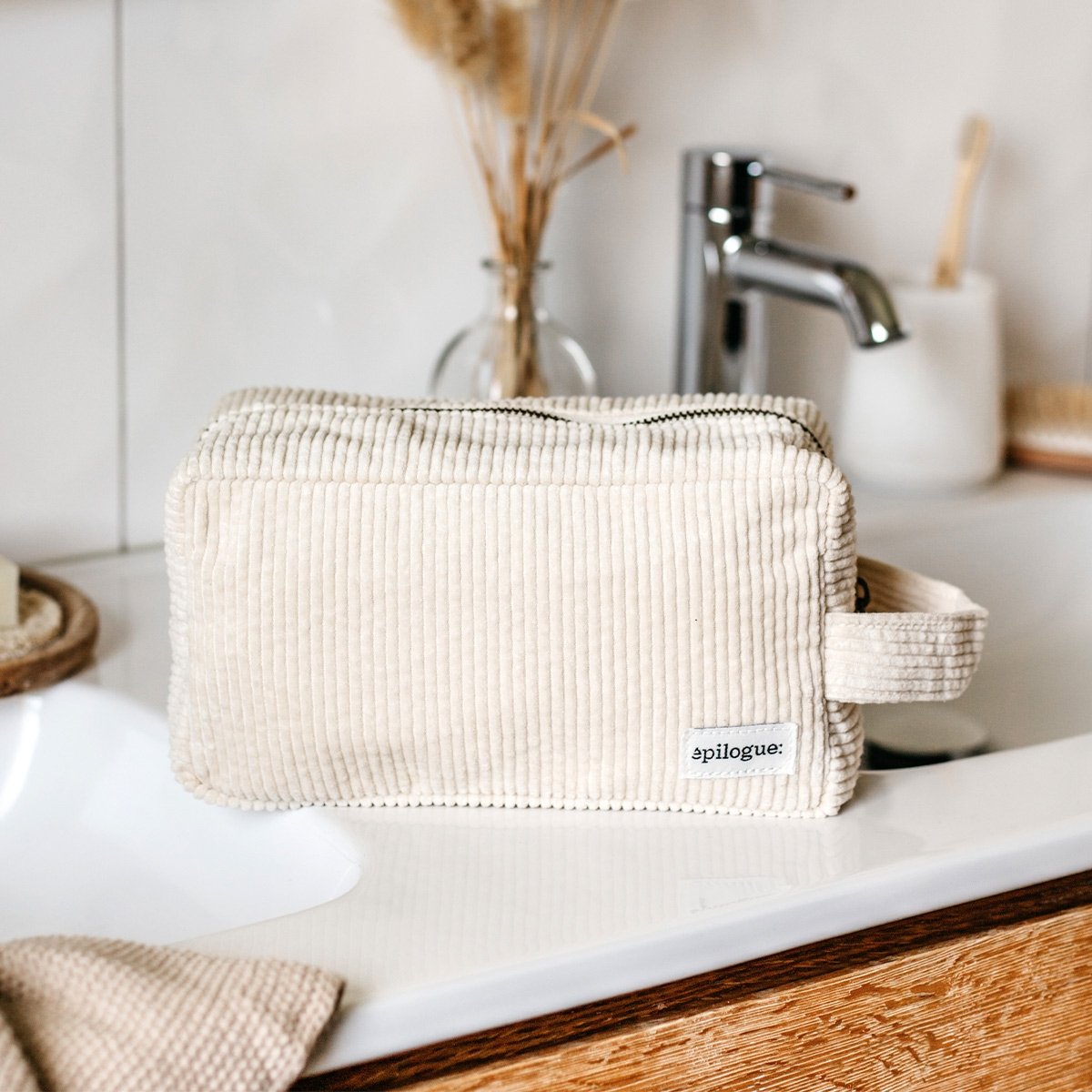 Trousse de toilette en velours côtelé - Épilogue - Trousse unisexe avec anse - Grand format pratique - Doublure en coton