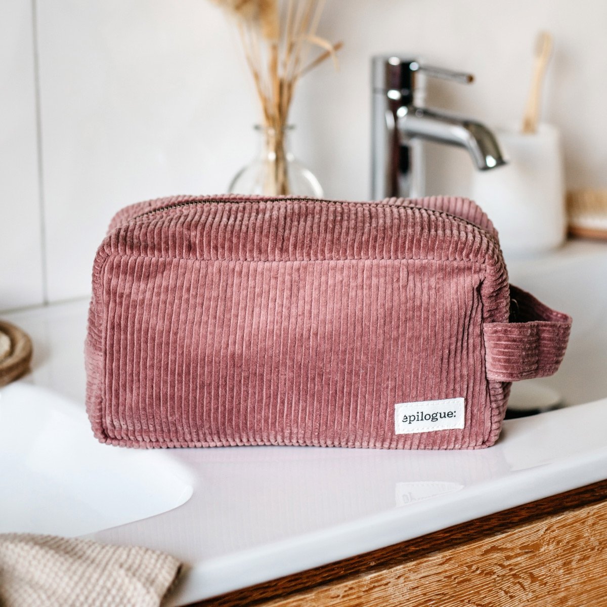 Trousse de toilette en velours côtelé - Épilogue - Trousse unisexe avec anse - Grand format pratique - Doublure en coton