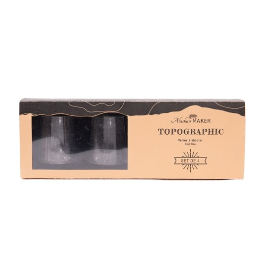 Set de 4 shooters Topographic – Alaskan Maker, verres cristallins soufflés à la main avec reliefs topographiques gravés pour apé