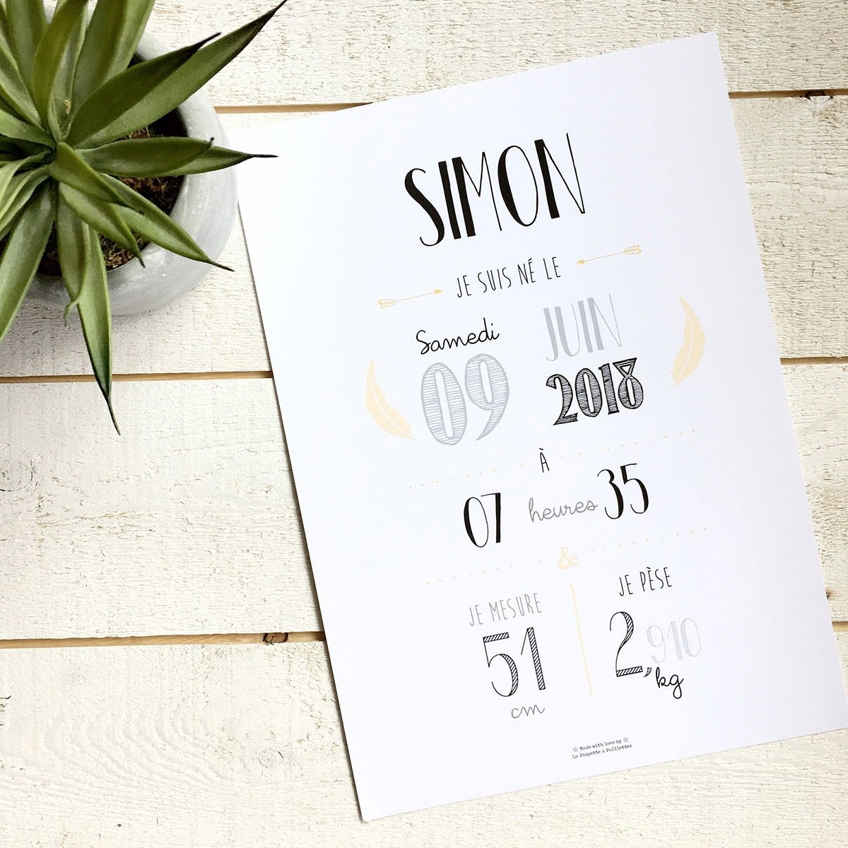 Affiche naissance personnalisée La Poupette à Paillettes - Format A3 ou A4 - Papier photo 230g