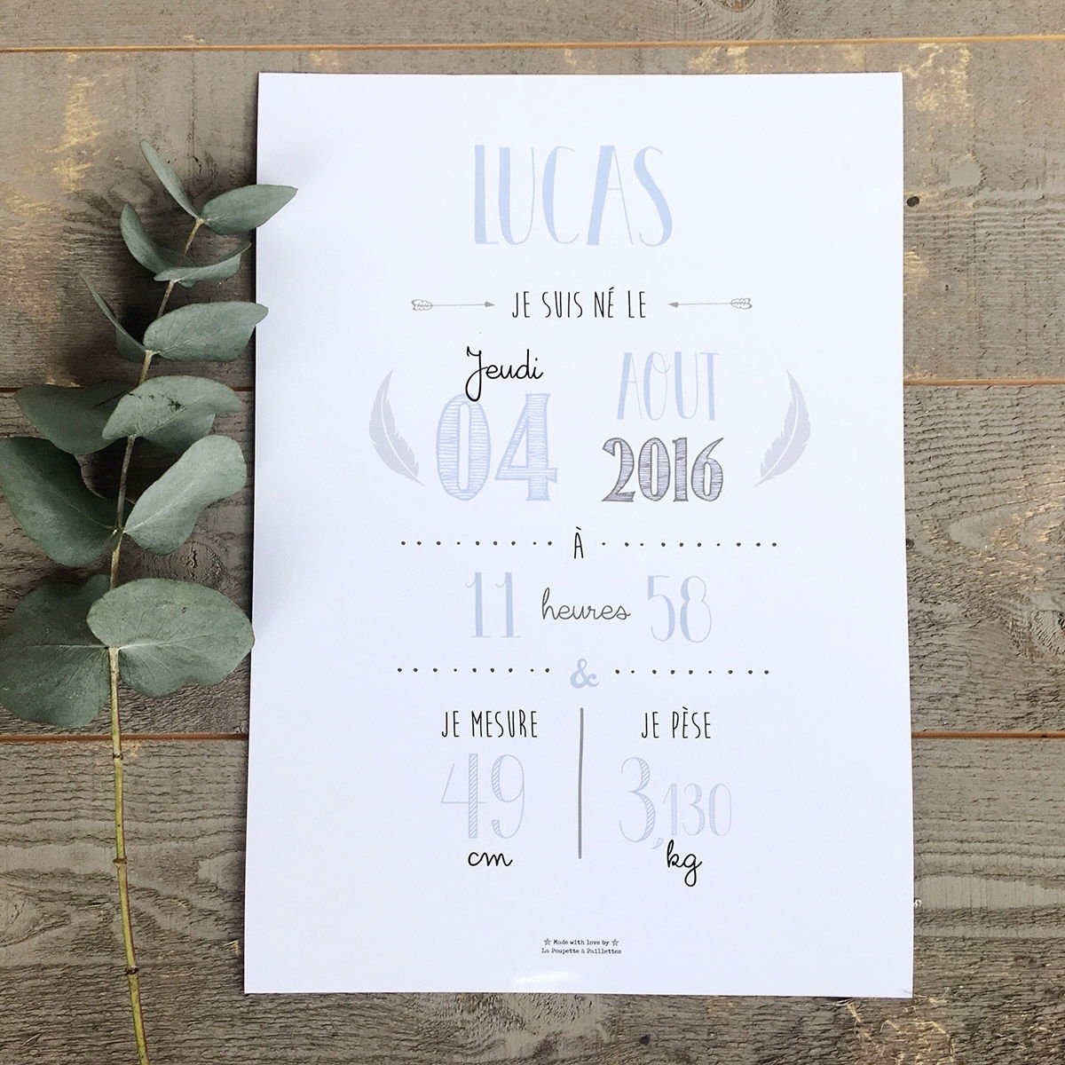 Affiche naissance personnalisée La Poupette à Paillettes - Format A3 ou A4 - Papier photo 230g