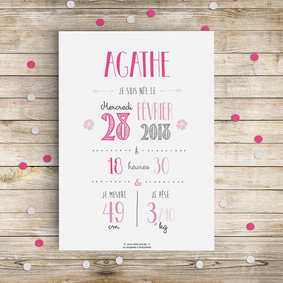 Affiche naissance personnalisée La Poupette à Paillettes - Format A3 ou A4 - Papier photo 230g - A4 - Rose - Bois - Rose - A4 - Bois (La Poupette À Paillettes) - Image 7