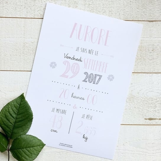 Affiche naissance personnalisée La Poupette à Paillettes - Format A3 ou A4 - Papier photo 230g