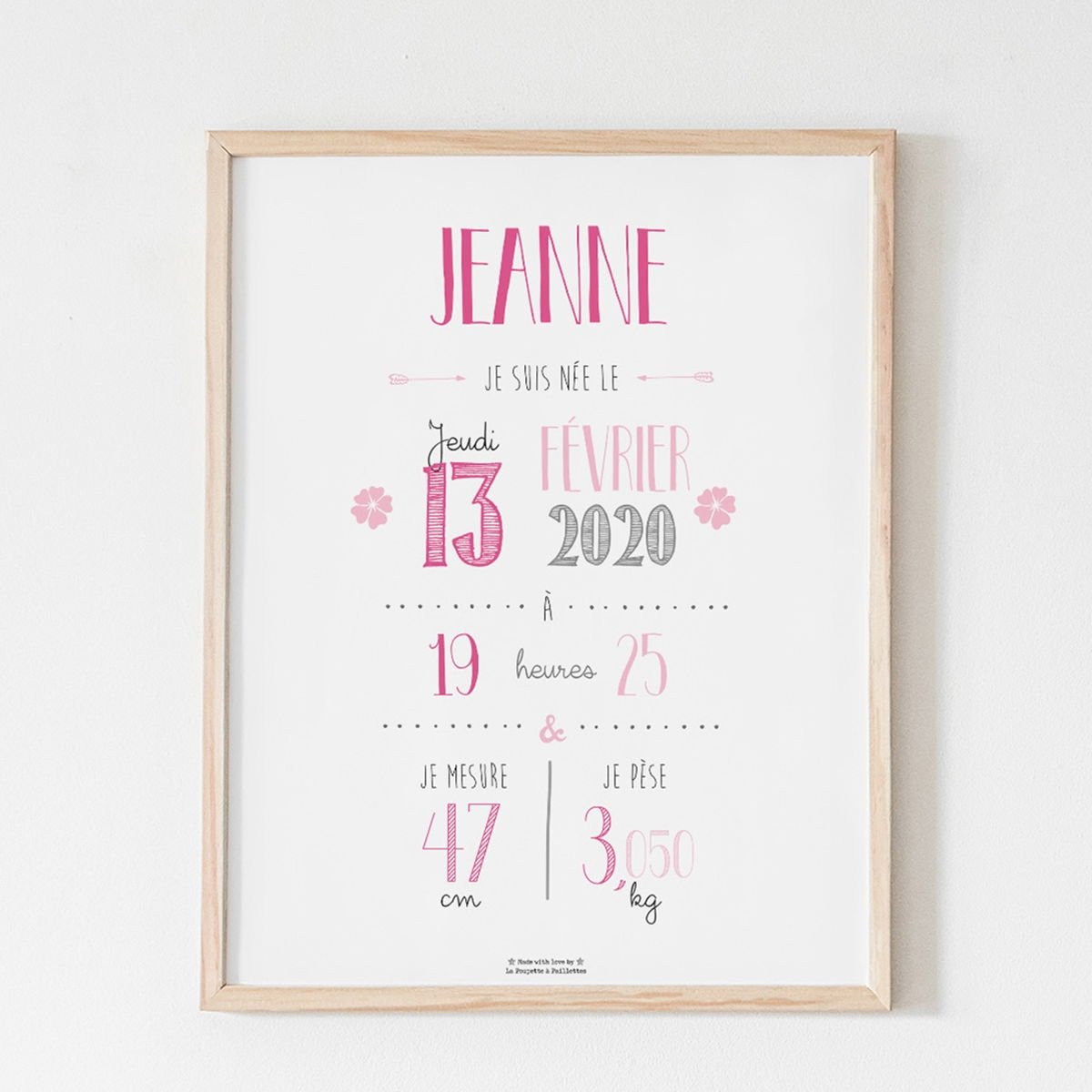 Affiche naissance personnalisée La Poupette à Paillettes - Format A3 ou A4 - Papier photo 230g