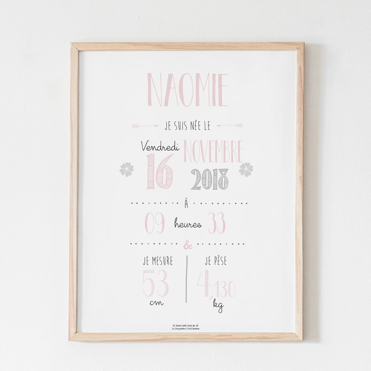 La Poupette À Paillettes - Affiche naissance personnalisée La Poupette à Paillettes - Format A3 ou A4 - Papier photo 230g - A4 - Rose - Bois - Rose - A4 - Bois