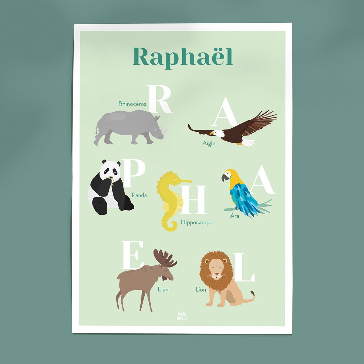 Affiche Abécédaire Animaux Personnalisable - Décoration Murale Enfant | Éducation Ludique - Imprimé en France - Vert - Vert (Papier Curieux) - Image 1