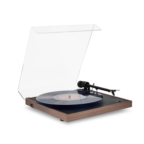 Platine vinyle en noyer – Design élégant, bras aluminium Ortofon OM10, pré-ampli intégré – Fabrication Europe