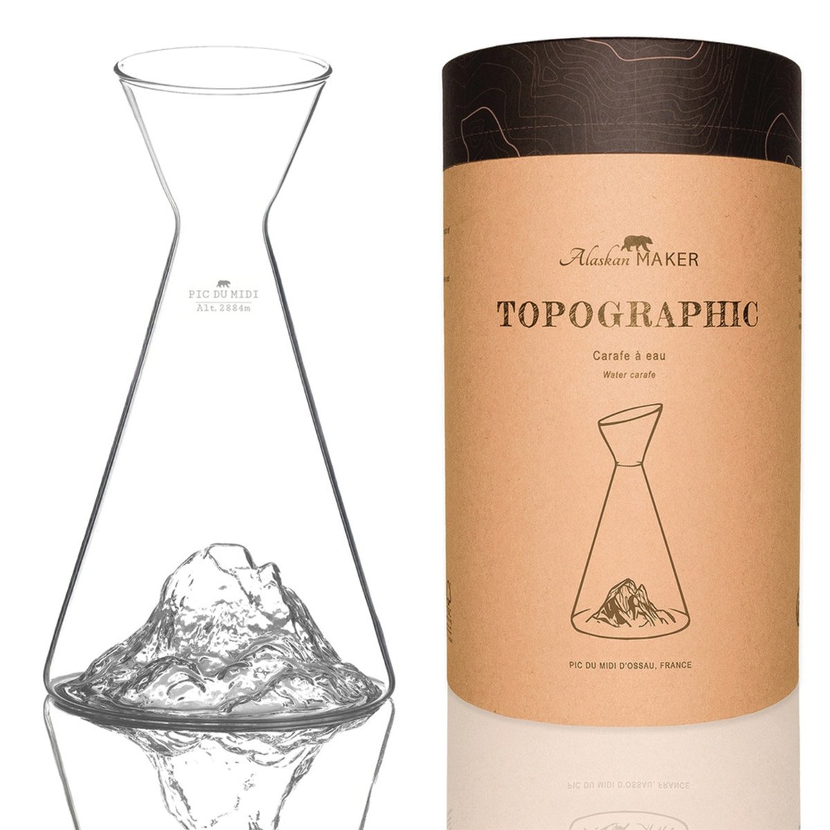 Carafe d’eau Topographic Mont Blanc – Alaskan Maker, carafe en verre soufflé à la main avec relief du Mont Blanc, coffret élégan