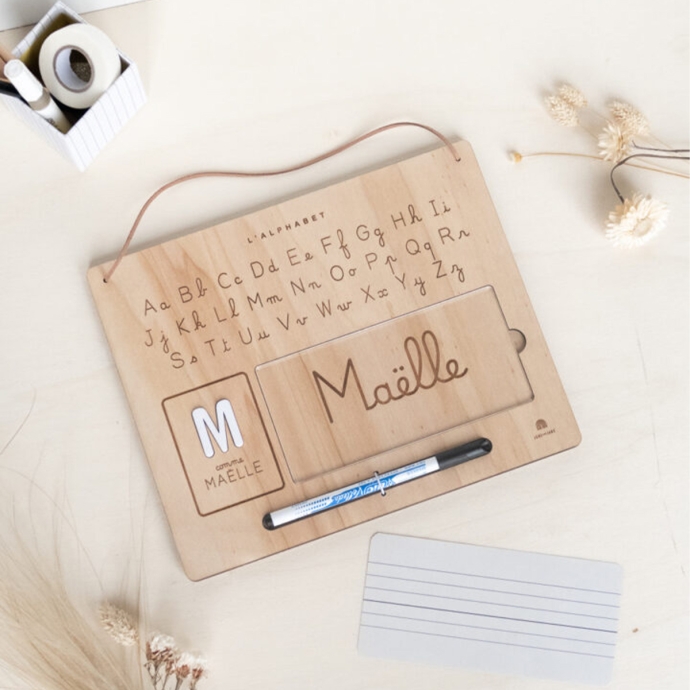 Ardoise apprentissage personnalisée June & Jane - Écriture cursive et majuscule - Bois fabriqué en France