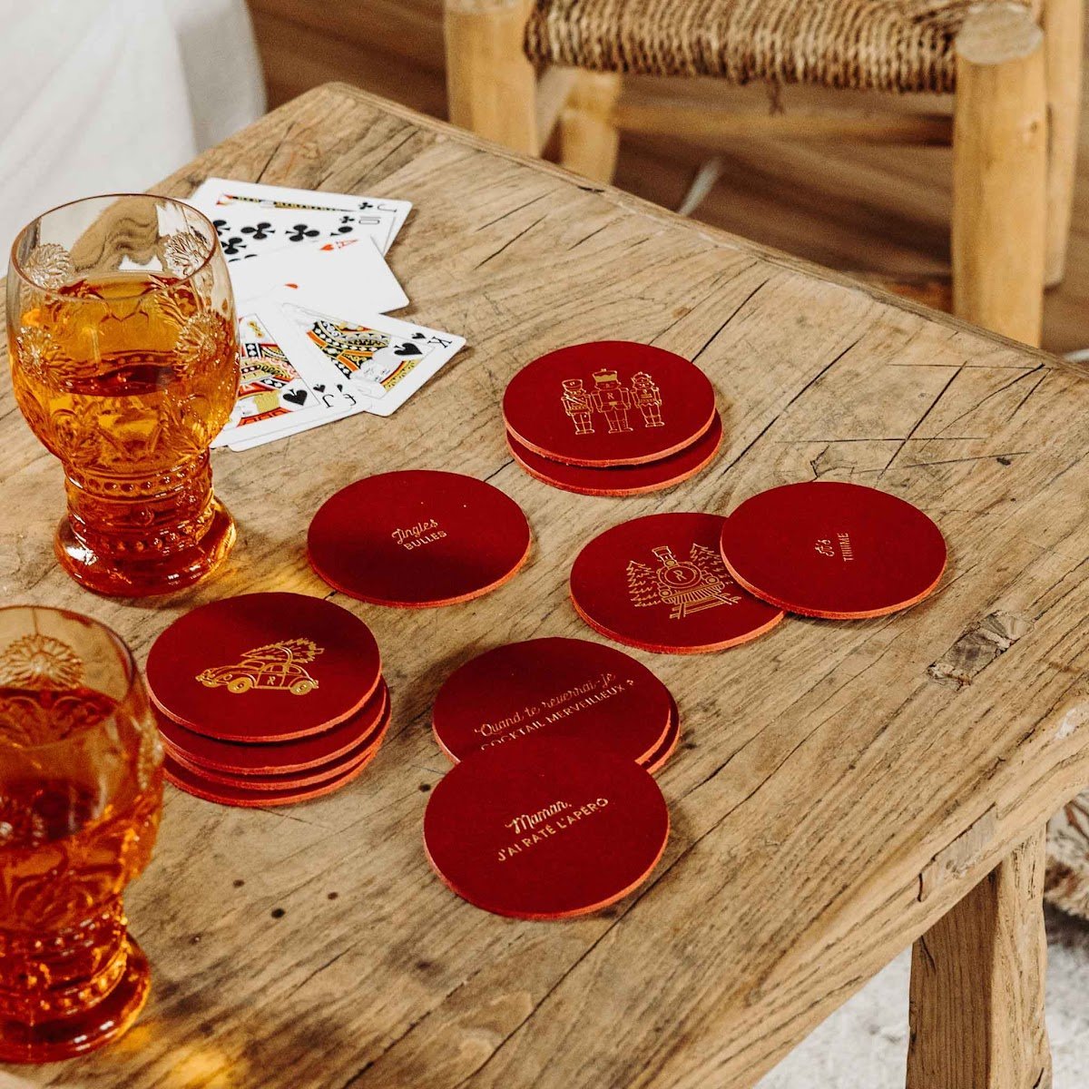 Dessous de verre cuir Noël - Meilleure déco table de Noël originale - Set de 6 pièces illustrées ou à message