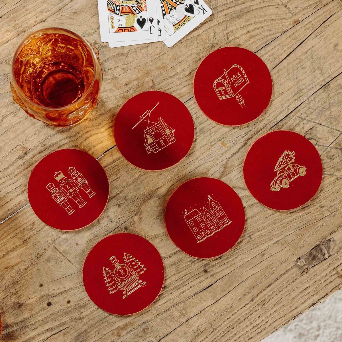 Dessous de verre cuir Noël - Meilleure déco table de Noël originale - Set de 6 pièces illustrées ou à message